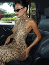 Leopard Halter Backless Maxi Dress