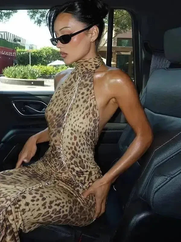 Leopard Halter Backless Maxi Dress