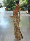 Leopard Halter Backless Maxi Dress