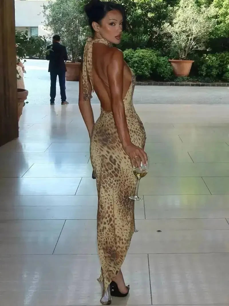 Leopard Halter Backless Maxi Dress